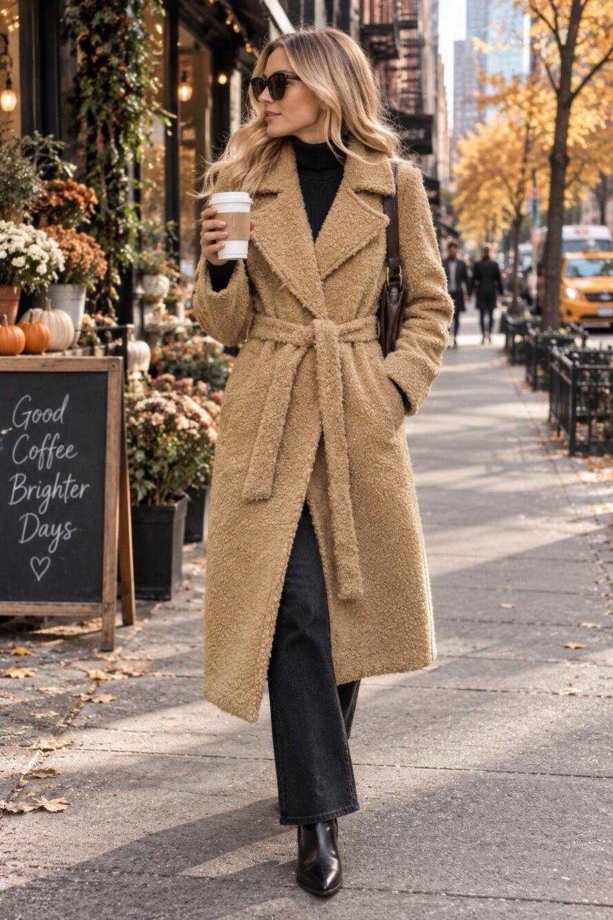 Camel Teddy Bouclé Wrap Coat Belted Longline Oversized Lapel Quiet Luxury Sz S